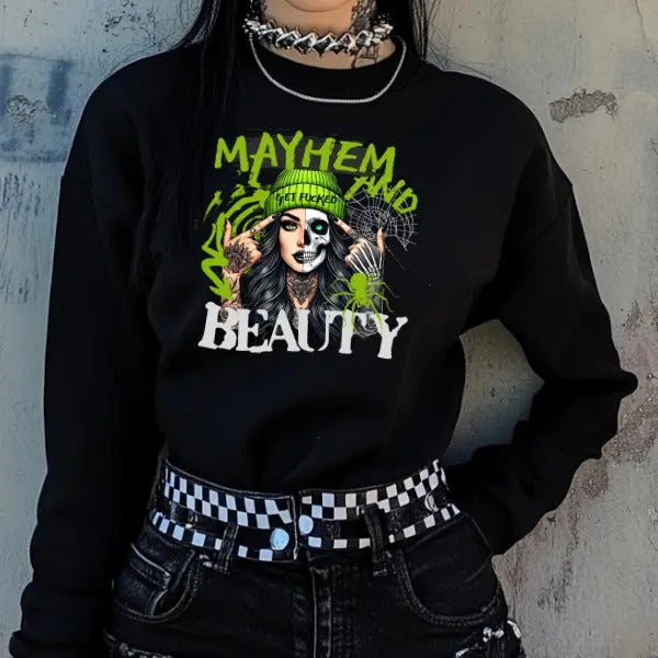 Mayhem and Beauty - Get F&cked - Black Crewneck Sweatshirt, T Shirt, or Hoodie Pullover | Punk, Alt, Grunge, Goth, Skeleton Style