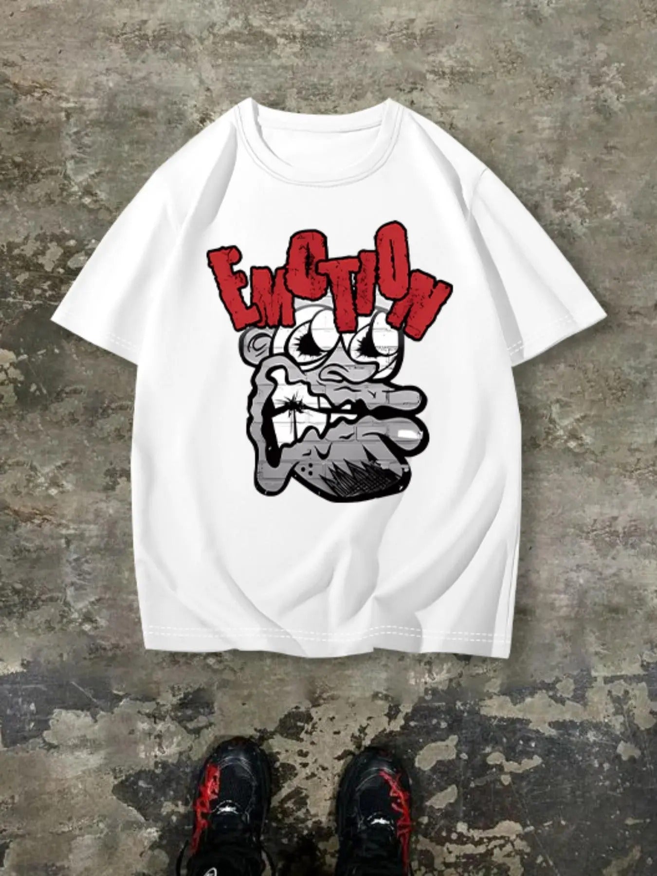 Men's Cartoon Face & Letter Print Drop Shoulder Tee, Regular Fit Casual Comfy Round Neck Half Sleeve T-Shirt for Summer, Menswear for Daily Wear