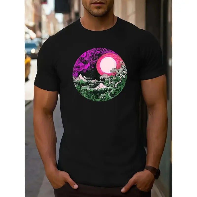 Men's Casual Crew Neck T-Shirt with Graphic Wave and Sun Print - Knit Fabric, Regular Fit with Slight Stretch, Short Sleeve Tops MADE IN USA