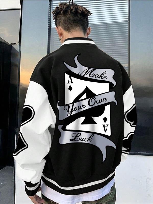 Men's Colorblock Cartoon Poker Print Drop Shoulder Jacket, Fashion Casual Regular Fit Button Front Pocket Outerwear for Daily Outdoor Wear, Men Clothing for Fall & Winter