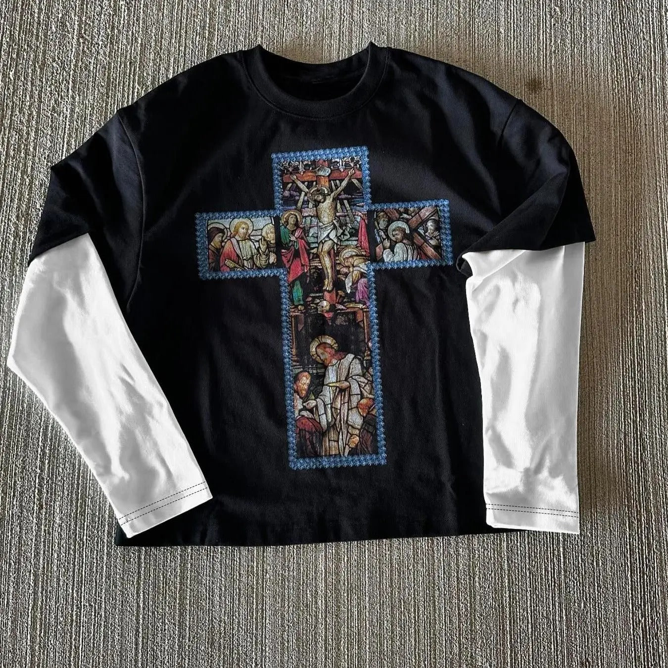 Men's Cross & Figure Print 2-IN-1 Long Sleeve Tee, Street Retro Round Neck T-Shirt for Daily Wear, Casual Comfy Top for All Seasons