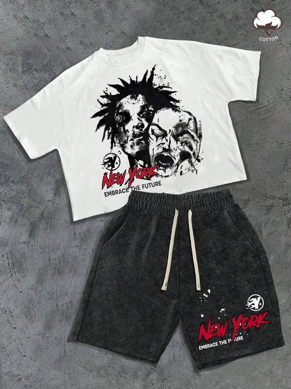 Men's Distressed Print Short Sleeve Tee & Pocket Shorts Two-Piece Set, Regular Fit Casual Round Neck T-shirt & Drawstring Waist Shorts, Men's Summer Clothes