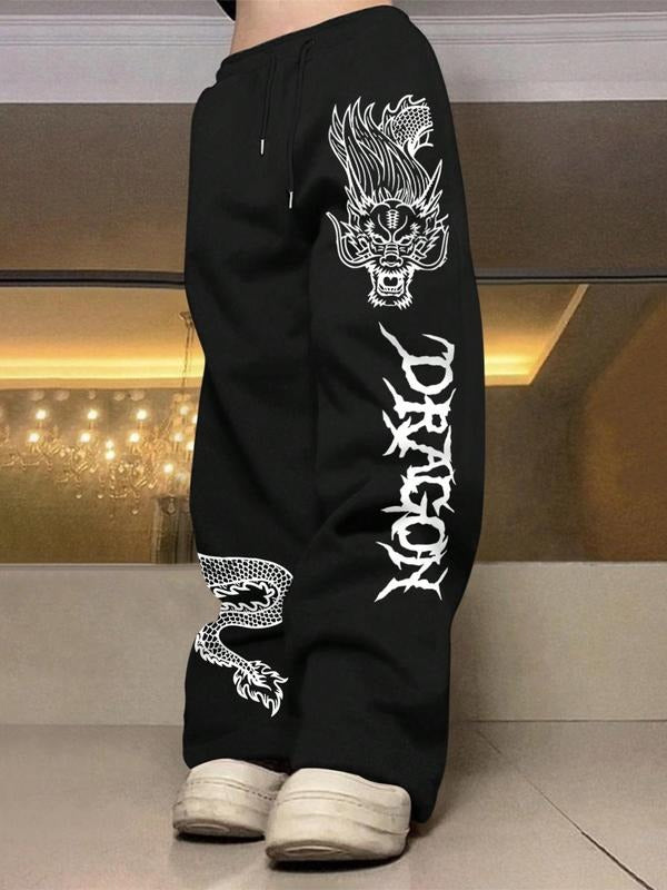 Men's Dragon & Letter Print Drawstring Waist Sweatpants, Casual Regular Fit Pocket Straight Leg Trousers for Daily Wear, Fashion Men's Bottoms for All Seasons