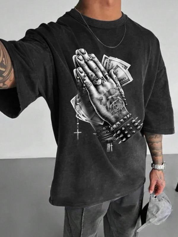 Men's Hand Print Round Neck Tee, Casual Short Sleeve T-shirt for Summer, Men's Top for Daily Wear, Cotton