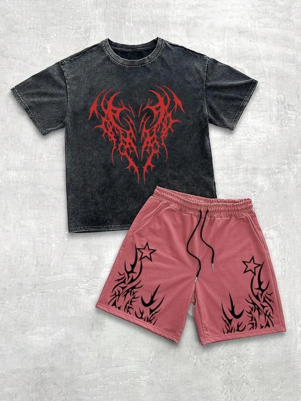 Men's Heart & Star Print Short Sleeve Tee & Boxer Briefs Two-Piece Set, Regular Fit Casual Fashion Cozy Breathable Two Piece for Daily Outdoor Wear, Men Clothes for Summer