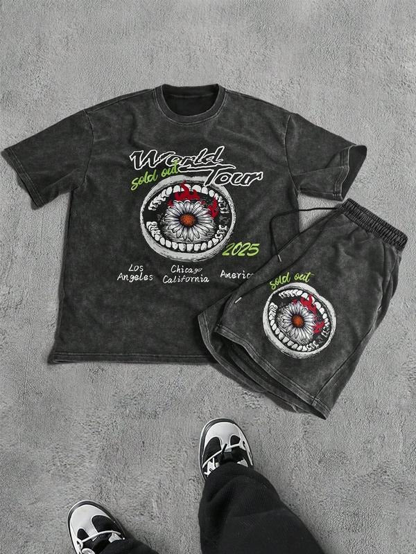 Men's Letter & Eye Print Short Sleeve Tee & Shorts Two-Piece Set, Regular Fit Casual Round Neck T-shirt & Track Shorts, Men's Spring & Fall Clothes, Cotton