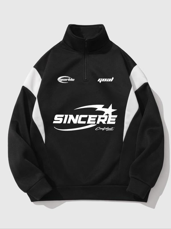 Men's Letter & Star Print Half Zip Up Hoodie, Casual Regular Fit Long Sleeve Hooded Sweatshirt for Fall & Winter, Men's Top for Daily Wear