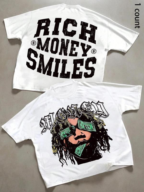 Men's Money Smiles Letter Print Round Neck Tee, Regular Fit Casual Short Sleeve T-shirt, Men's Summer Top for Daily Wear, Tropical, Cotton