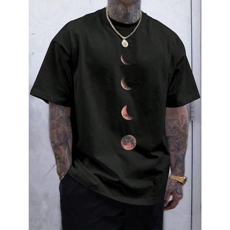 Men's Moon Pattern Round Neck Short Sleeve T-Shirt Made in USA