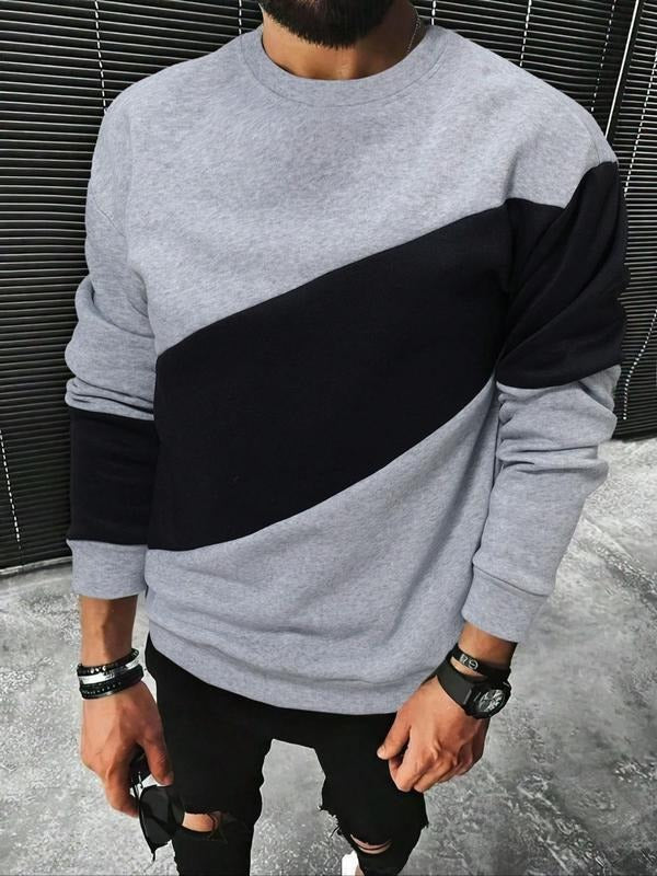 Men's Patchwork Print Round Neck Sweatshirt, Regular Fit Casual Long Sleeve Crew Neck Pullover for Fall & Winter, Fashion Men's Top for Daily Wear