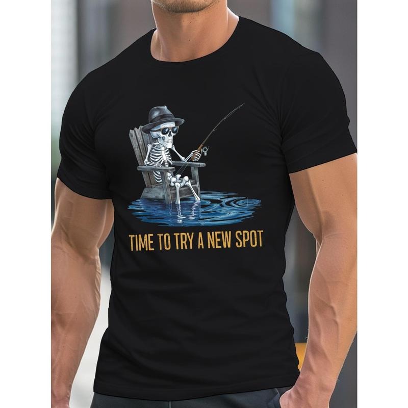 Men's Skeleton Fishing Graphic Tee - Casual Crew Neck, Short Sleeve, Lightweight & Comfy Summer T-Shirt Made in USA