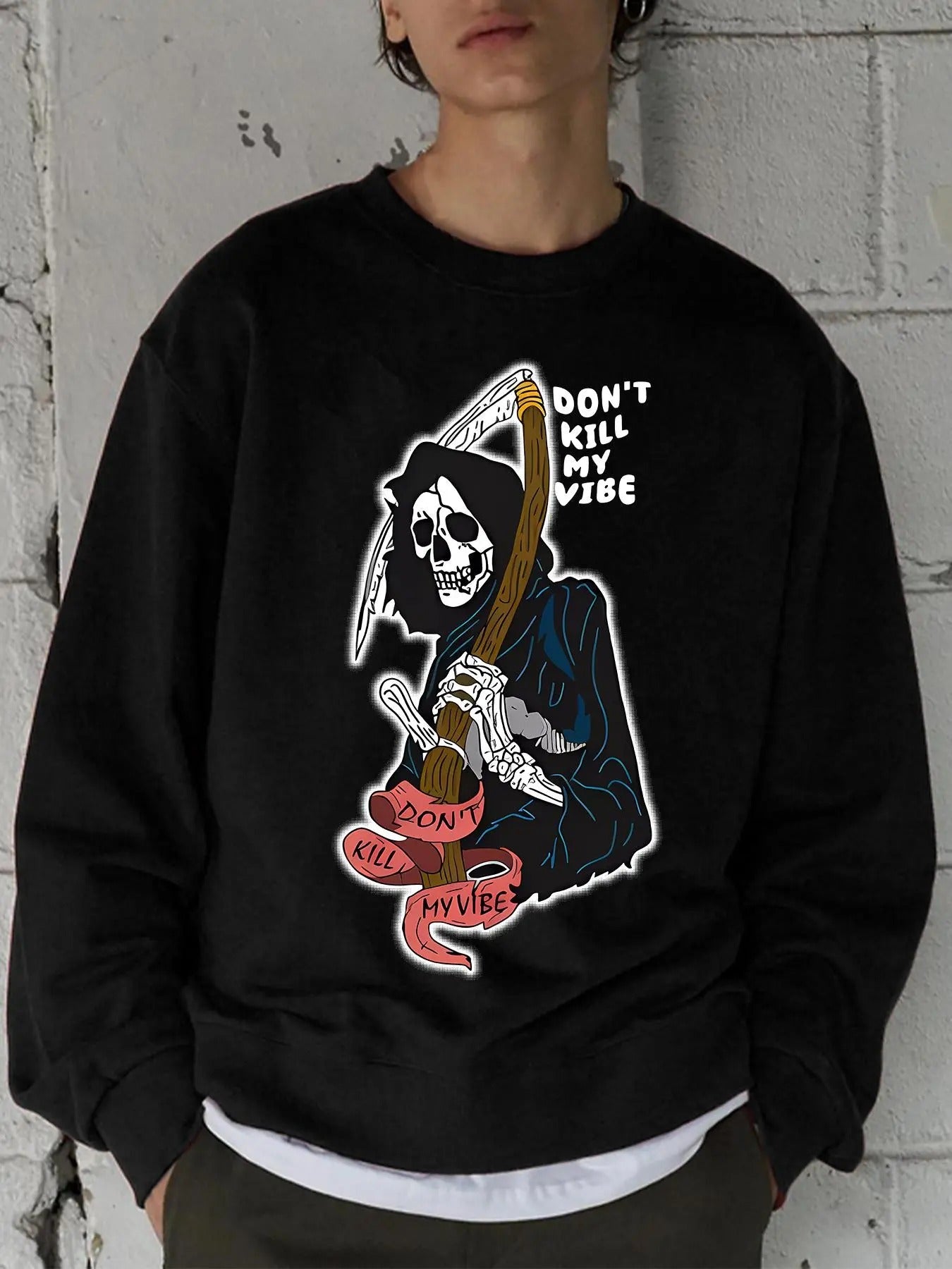Men's Skull & Letter Print Drop Shoulder Sweatshirt, Regular Fit Casual Soft Comfy Long Sleeve Round Neck Pullover for Daily Wear, Men's Top for All Seasons