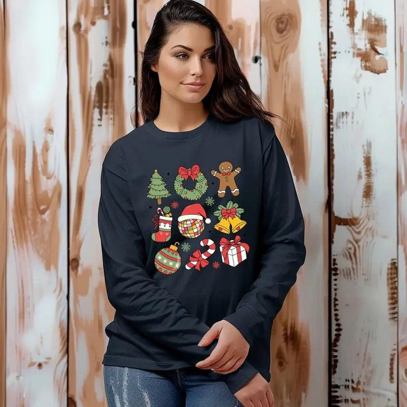 Merry Christmas Transfers, Christmas Print Sweatshirt, Casual Long Sleeve Sweatshirt, Women's Clothing, Christmas Tree Sweatshirt, Xmas Season