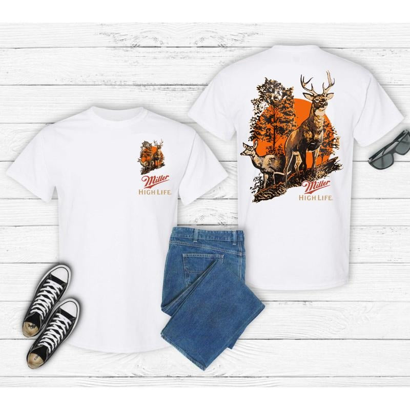 Miller High Life Deer T-shirt, Hungting 2 Sides Printed Comfort Fabric Cotton