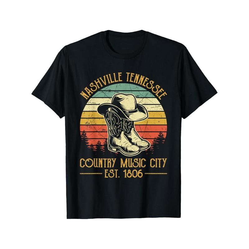 Nashville Tennessee Cowboy Boots Hat Country Music City T-shirt Comfortable, Casual Short Sleeve, Daily Wear, All Season, Black, Men Made in USA