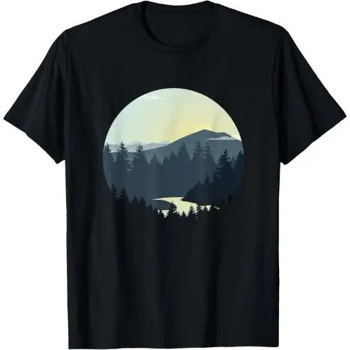 Navy Sunrise Mountain and Forest Scene Silhouette Graphic T-Shirt Made in USA
