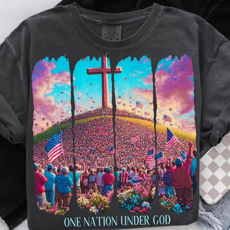 One Nation Under God Sweatshirt Christian 4th of July Shirt Patriotic Jesus Cross American Flag Pullover 100% Cotton