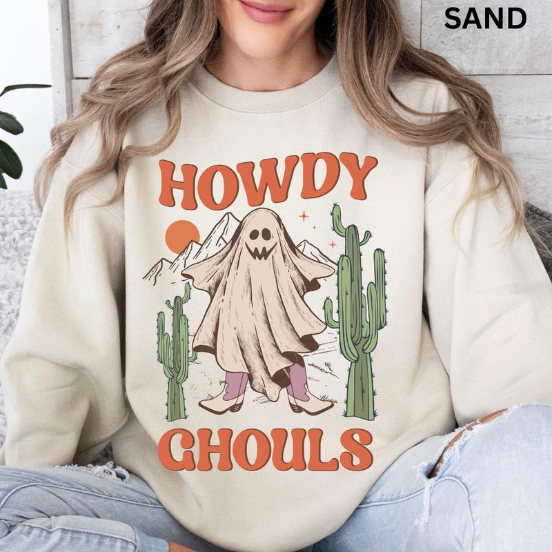 Oversized Halloween Crewneck, Western Ghost Cactus Crewneck, Western Halloween Sweatshirt Graphic Oversized Halloween Graphic Crewneck, Cotton Pullover Spooky Season Sweater