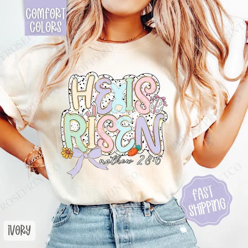 Pastel He is Risen Shirt Comfort Colors, Easter Tshirt, Trendy Religious Women's Tee, Gift for Her