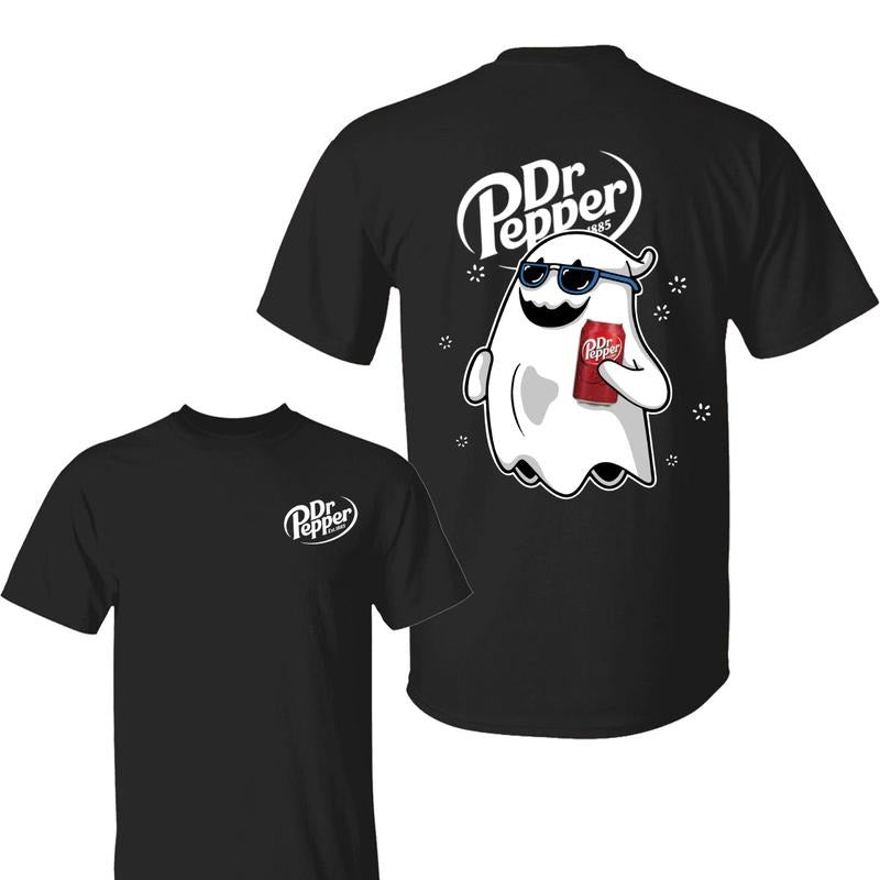 Pepper Ghost Halloween 2 Sided Shirt, Unisex Cotton Crewneck Tee for Men & Women, Casual Halloween Tee with Soft Drink Bottle Graphic shirt Tee Cotton