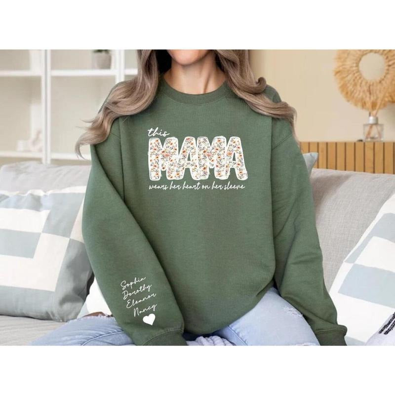 Personalized Mama Sweatshirt with Kids Names, Mother's Day Jumper, Mom Custom Name Sweater, Mom Wears Heart on Sleeve, Gift for New Mom