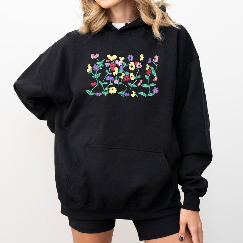 Piano Floral Hoodie, Eras Piano Flowers Graphic Hoodies, Watercolor Wildflowers Hoodie, Nature Lovers Women Outfits
