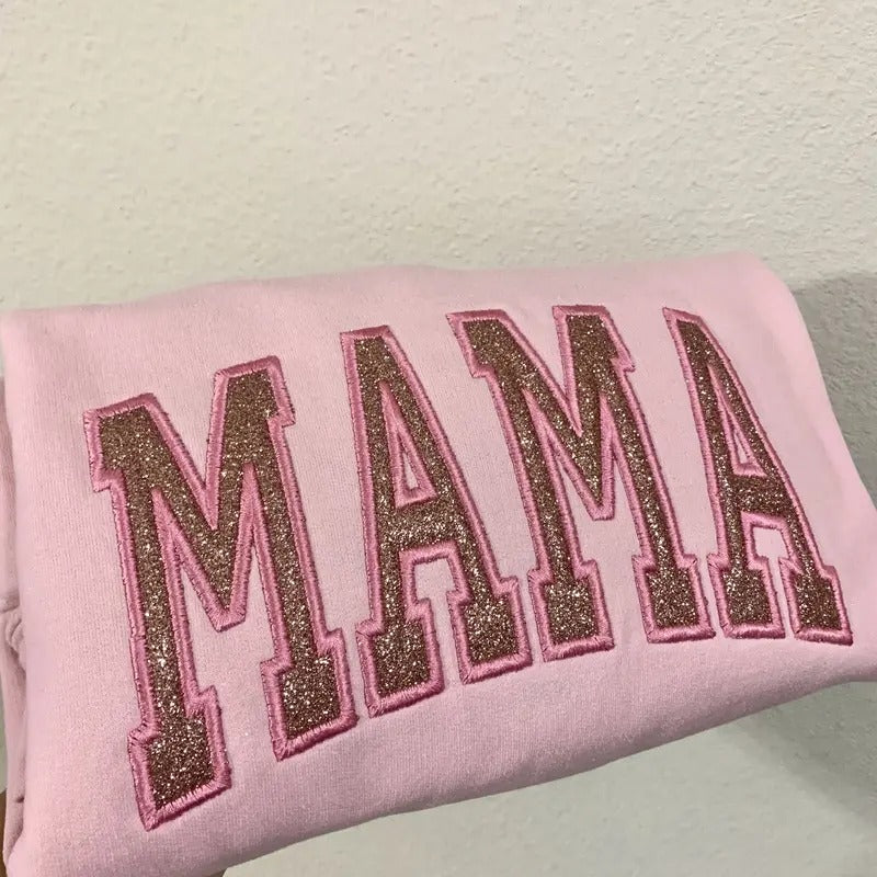 Pink Mama Glitter Heat Transfer Vinyl Embroidered Sweater - Personalized Sparkle for Stylish Moms