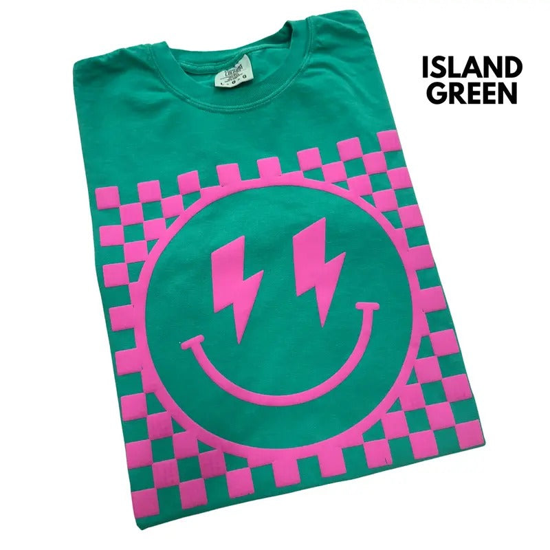 Pink Puff Checkered Happy Face Comfort Colors T-Shirt