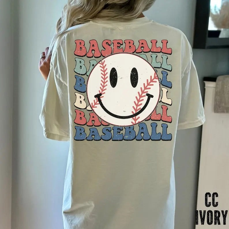 Premium Smiley Face Baseball Shirt, Gameday Baseball Shirt, Happy Face Shirt, Baseball Mom's, Parent's T-shirt, Baseball Fan T-shirt