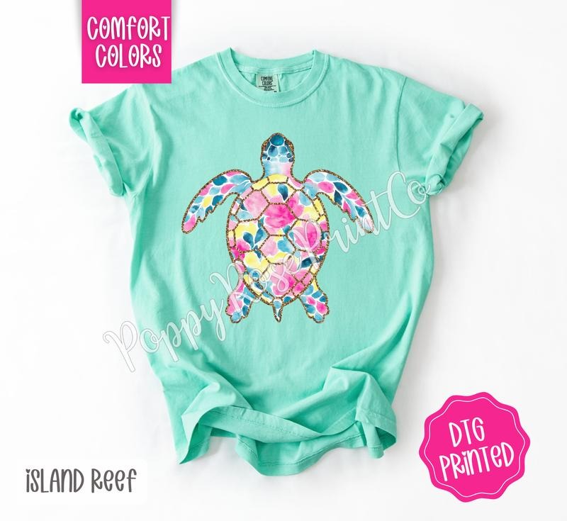 Preppy Floral Turtle Comfort Colors Shirt, Cute Summer Tshirt, Trendy Women's Tee, Gift for Her