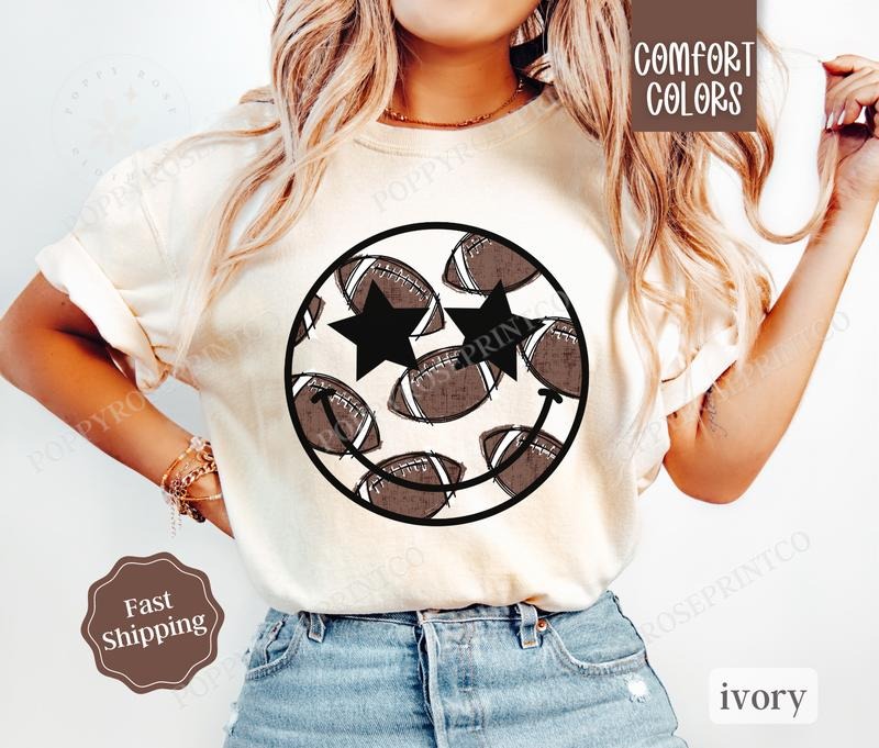 Preppy Football Shirt Comfort Colors, Womens Happy Face Football Tee, Womenswear Oversized Crewneck