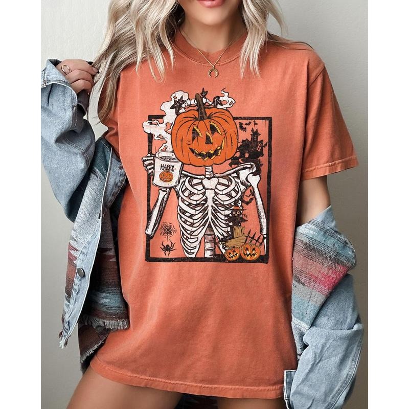 Pumpkin Head Skeleton, Coffee, Witch, Aesthetic, Funny, Meme, Halloween, Spooky, Costume, Tshirt, Women's, Comfort Colors Tee, Spooky, Tshirt, Witch, Pumpkin, Ghost, Skeleton