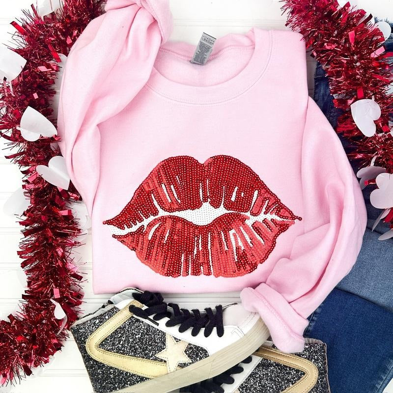 Red Sequin Lips Patch Sweatshirt -- LIGHT PINK