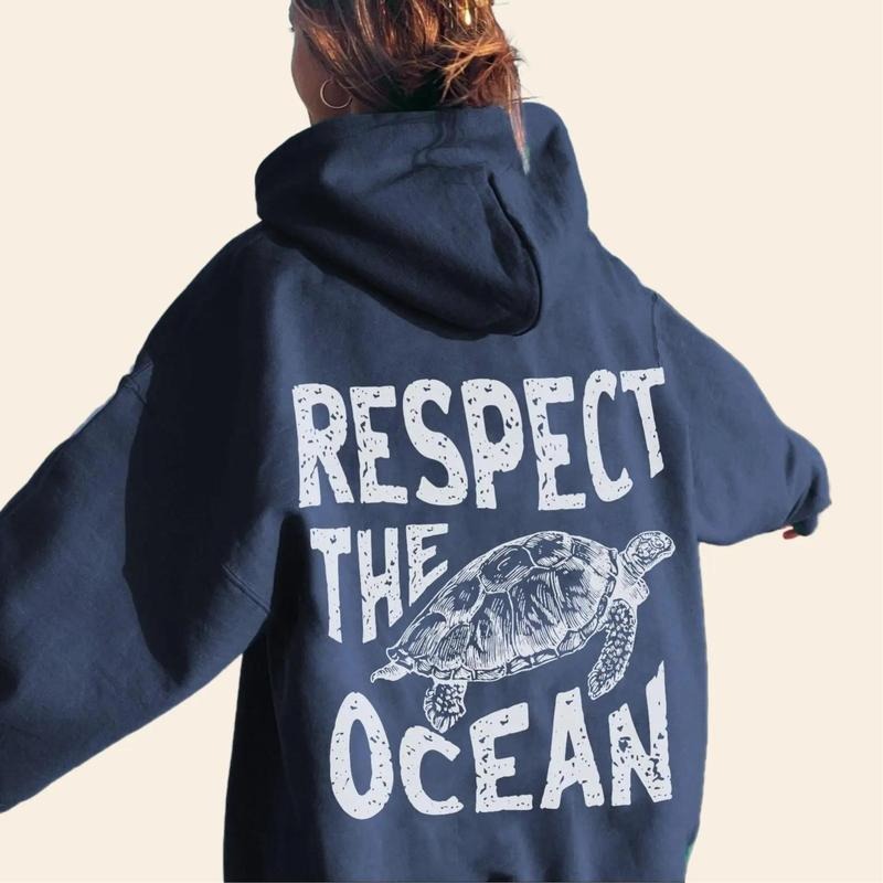 Respect The Ocean Hoodie Turtle Sweatshirt Oversized Beach Hoodie Surf Style Carolina Blue Hoodie Words on Back Eco Aesthetic Clothes