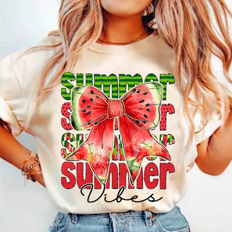 Retro Summer Vibes Watermelon Coquette Bow Hello Summer Girly Mama Gift T-Shirtstyle{n002}3