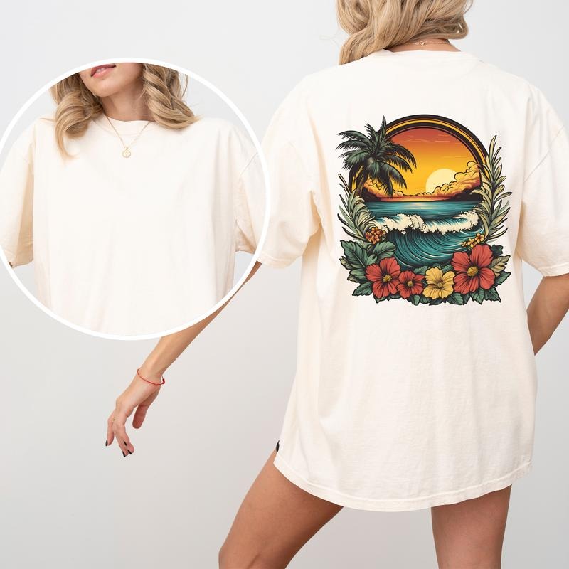 Retro Sunset Beach Vibes Comfort Colors Shirt, Traditional Floral Beach T-shirt, Beach Lover Graphic Tee, Summer Vibes Clothing, Gift For her