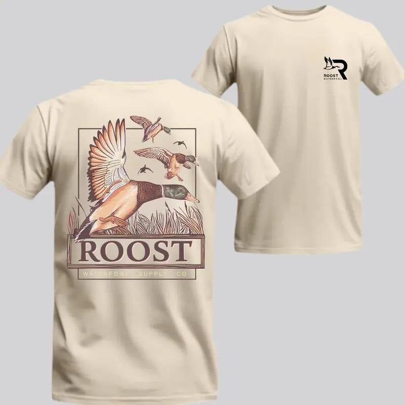 Roost Wf Hunting T-Shirt , Flying Duck with Camo Background, Menswear Graphic Tee for Outdoor Sports and Hunting, Gift for Women for Men, Y2k, Back to School, Casual Top Unisex
