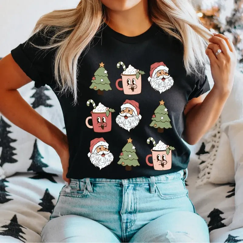 Santa Coffee T-Shirt, Christmas Tree Shirt, Christmas Coffee Tee, Christmas Party Tee, Christmas Gifts Shirt, Funny Xmas Holiday Short Sleeve.
