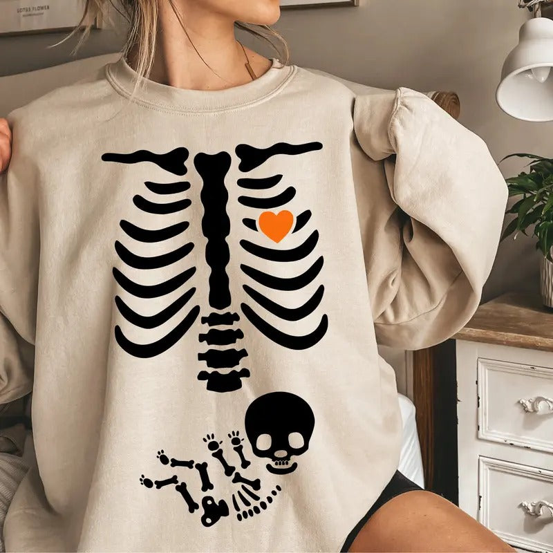 Skeleton Halloween Maternity Sweatshirt, Funny Pregnancy Announcement Sweat 2024, Pregnant Women Costume, Fall New Mom Sweater, Mommy to Be