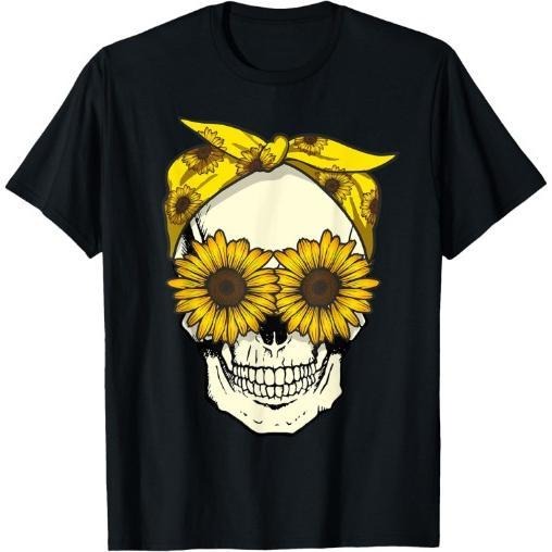 Skull sunflower bandana floral sun flowers pattern cute goth T-Shirt Made in USA