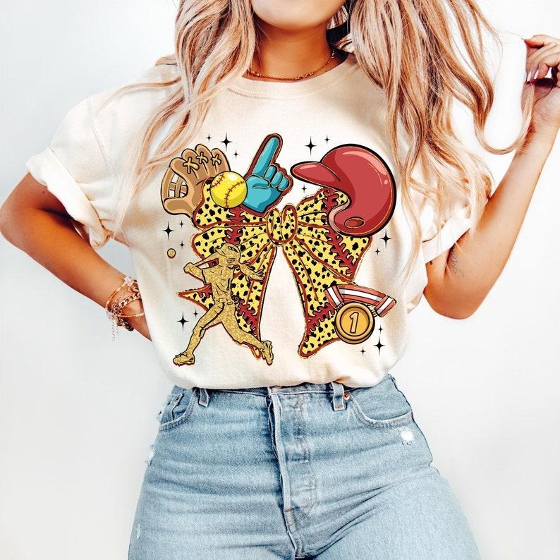 Softball Coquette Game Day Bow, Mama, Softball Mom Tshirt Cotton