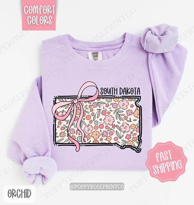 South Dakota Floral Bow Comfort Colors Sweatshirt, Cute Trendy State Coquette Pullover