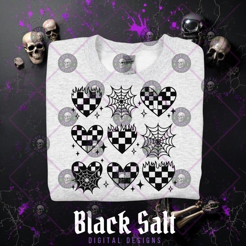Spider Webs, Checkered Hearts Halloween Grunge Alt Cotton Crewneck Sweatshirt Hoodie Women's Graphic Top Pullover Streetwear Style Vintage Crew Neck Comfortable Machine Washable Womenswear