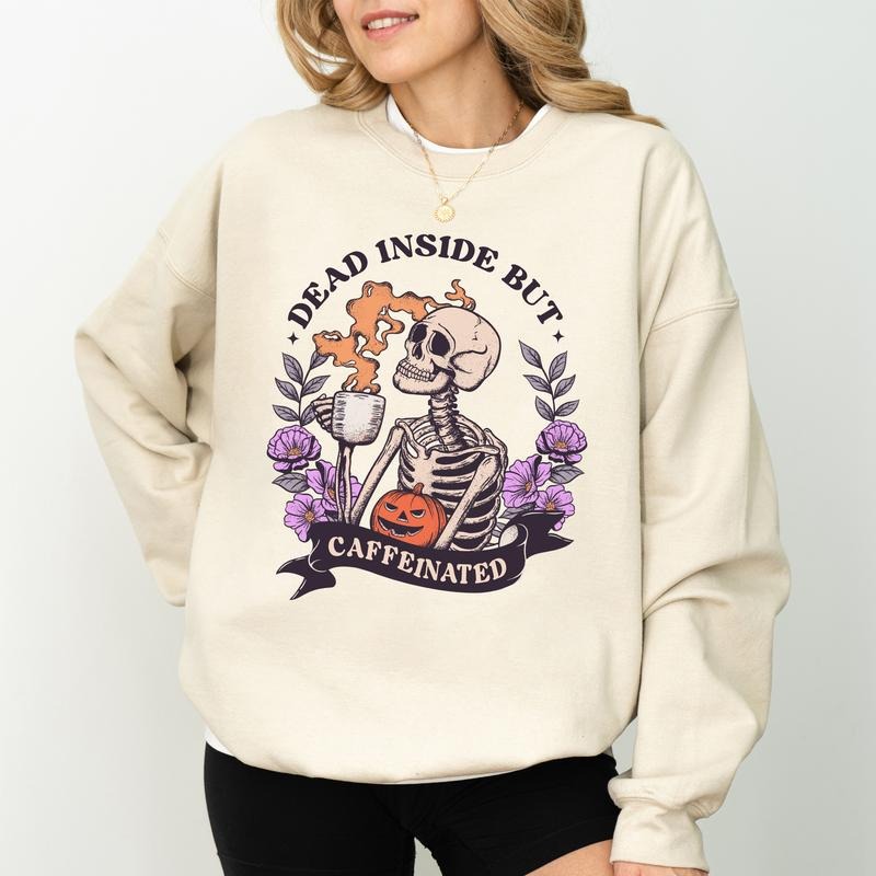 Spooky Drinking Coffee Sweatshirt, Inside But Caffeinated Crewneck, Halloween Sweater, Coffee Lover Gift Shirt, Spooky Season Sweatshirt, Comfy Long Sleeve Pullover, Gothic Women's Tops, Casual Womenswear