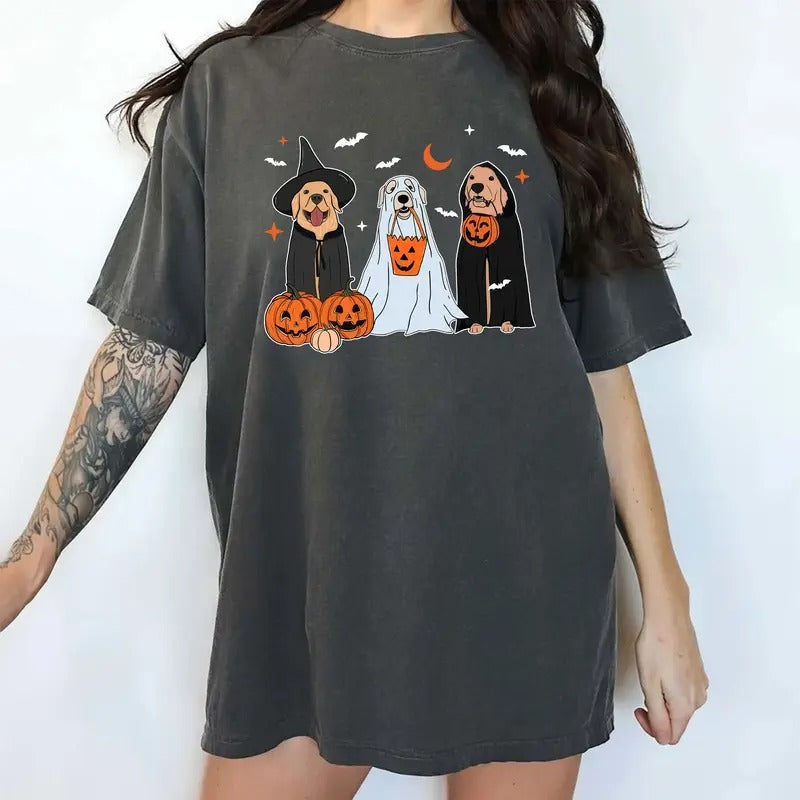 Spooky Ghost Dogs Tee Comfort Colors, Halloween Dogs Shirt for Women, Halloween Tee For Dog Mom, Dog Lover Gift Shirt, Happy Halloween Tshirt, Ghost T-shirt, Retro Spooky Season Outfits, Casual Fall Autumn Womenswear, Cotton Fabric Relaxed Fit Chic Style
