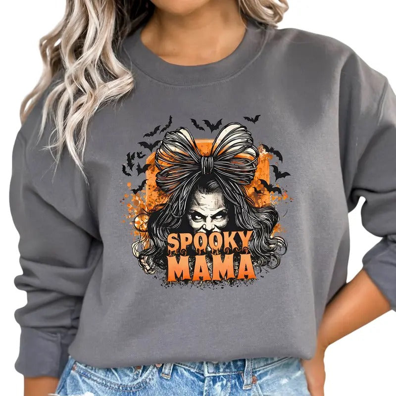Spooky Mama Halloween Sweatshirt, Scary Halloween Pullover, Womenswear Casual Long Sleeves Soft, Crewneck Spooky Sweatshirt