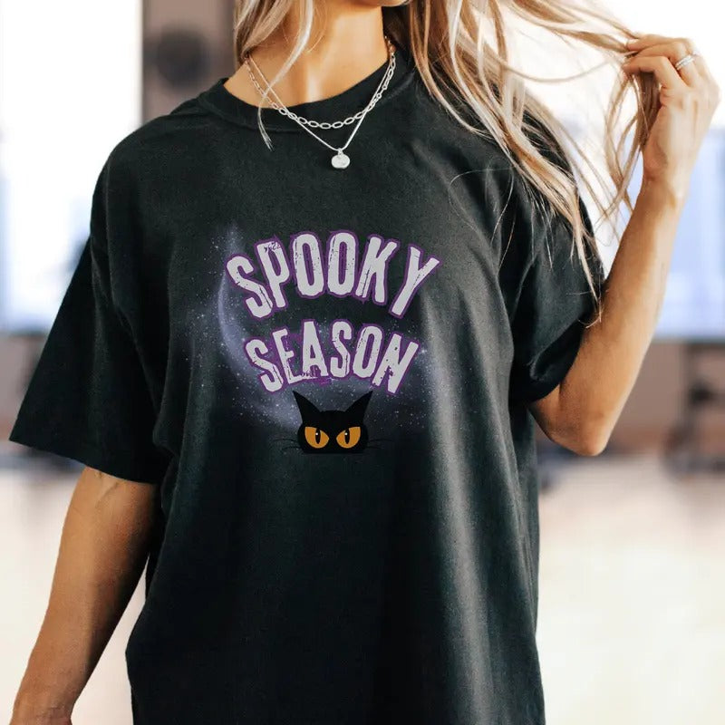 Spooky Season Oversized Halloween Black Kitty Tshirt Gift Happy Halloween s Horror Night Shirt Scary Vibes Tshirt