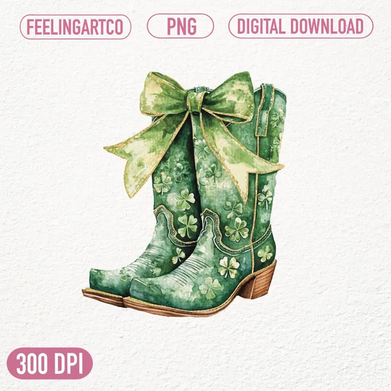 St Patrick's Day Cowboy Boots Green Shamrock Boots Clipart Irish Bow Lucky Western Boots St Patrick's