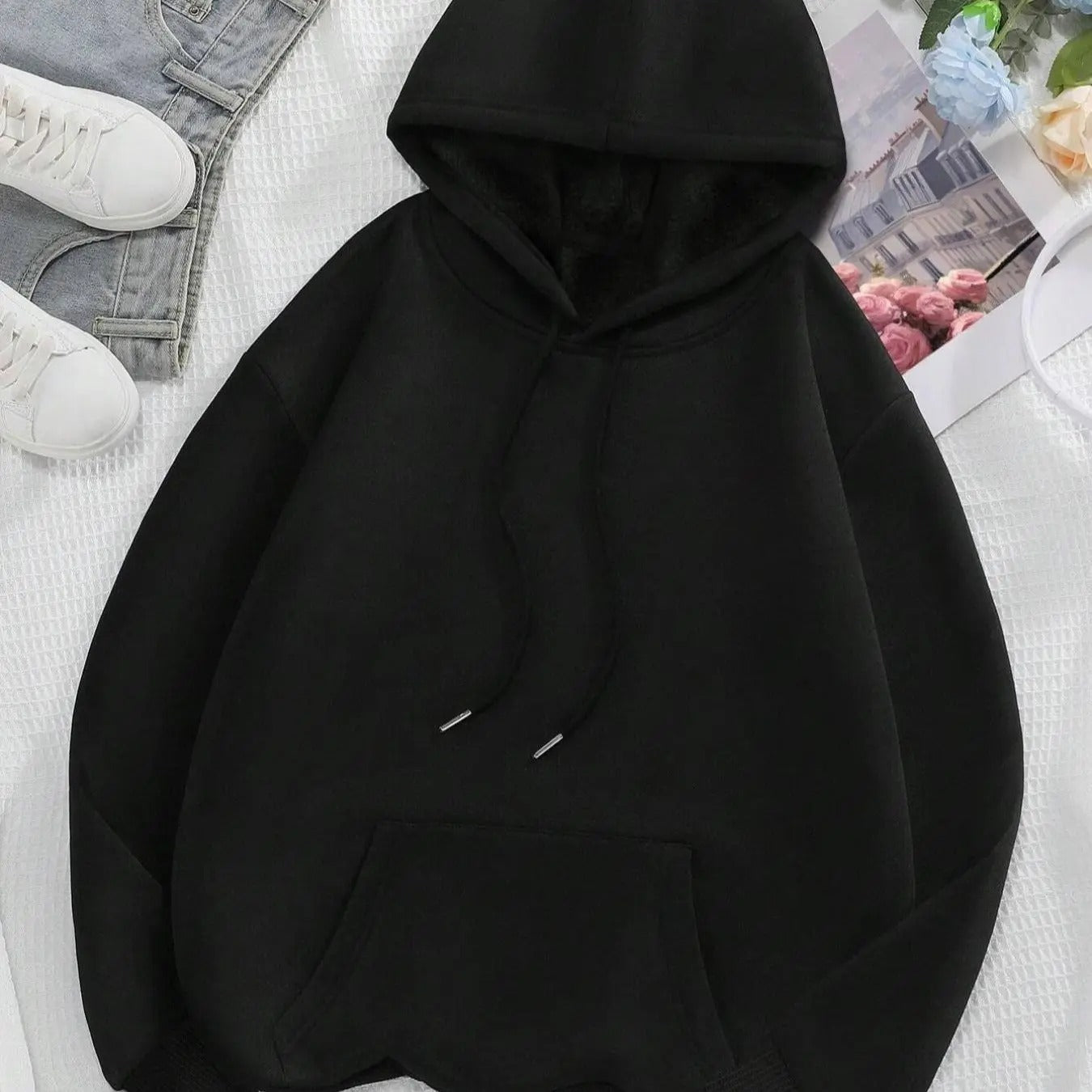 Women's Plain/Star Print Drop Shoulder Hoodie, Fashion Casual Drawstring Pocket Hooded Sweatshirt for Daily Holiday Outdoor Wear, Women Clothing for Fall & Winter