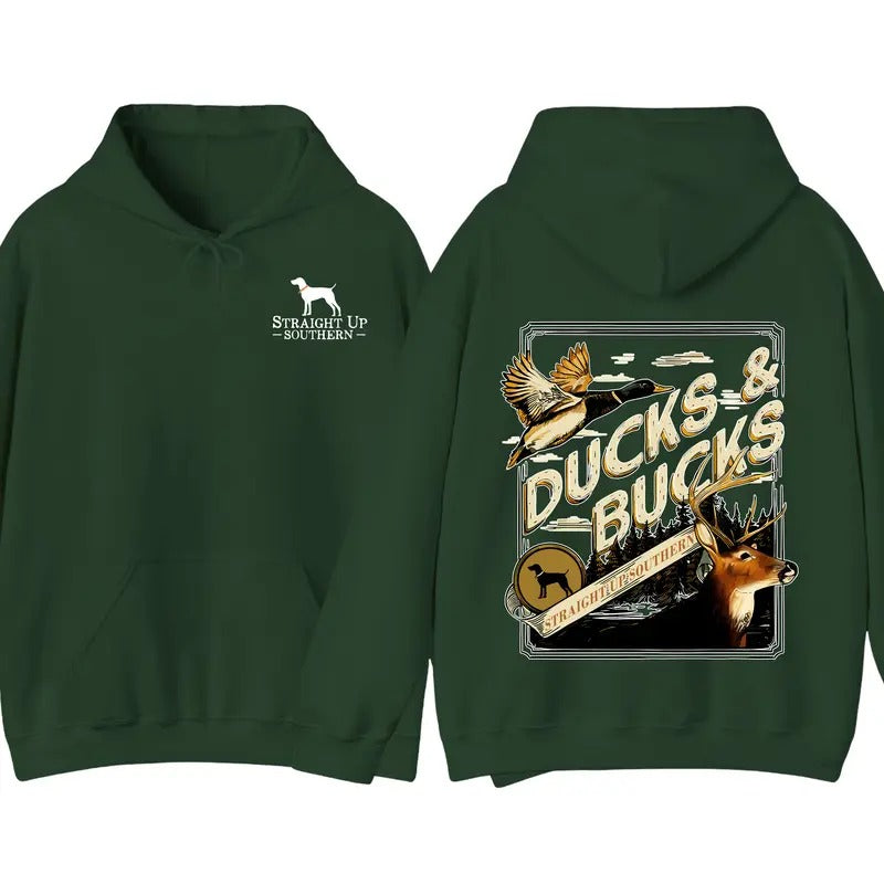 Straight Up Southern Hoodie - Ducks and Bucks Graphic Hoodie, Perfect for Outdoorsmen and Waterfowl Hunters, Unisex Hoodie for Adventure and Style